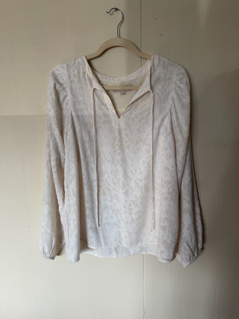 LOFT Cream Textured V-Neck Tie Long Sleeve Blouse